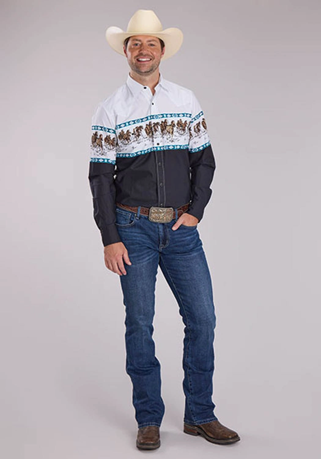 Roper Mens Running Horse Border Black 100% Cotton L/S Shirt Seasonal Collection