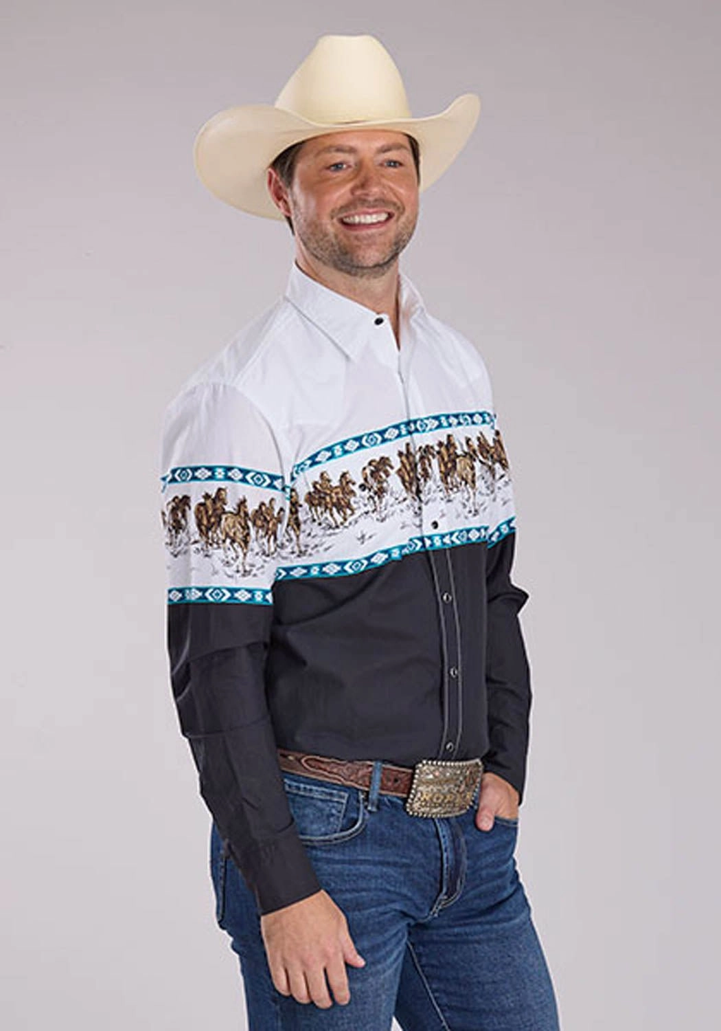 Year-Round Favorite Athletic Look Roper Mens Running Horse Border Black 100% Cotton L/S Shirt