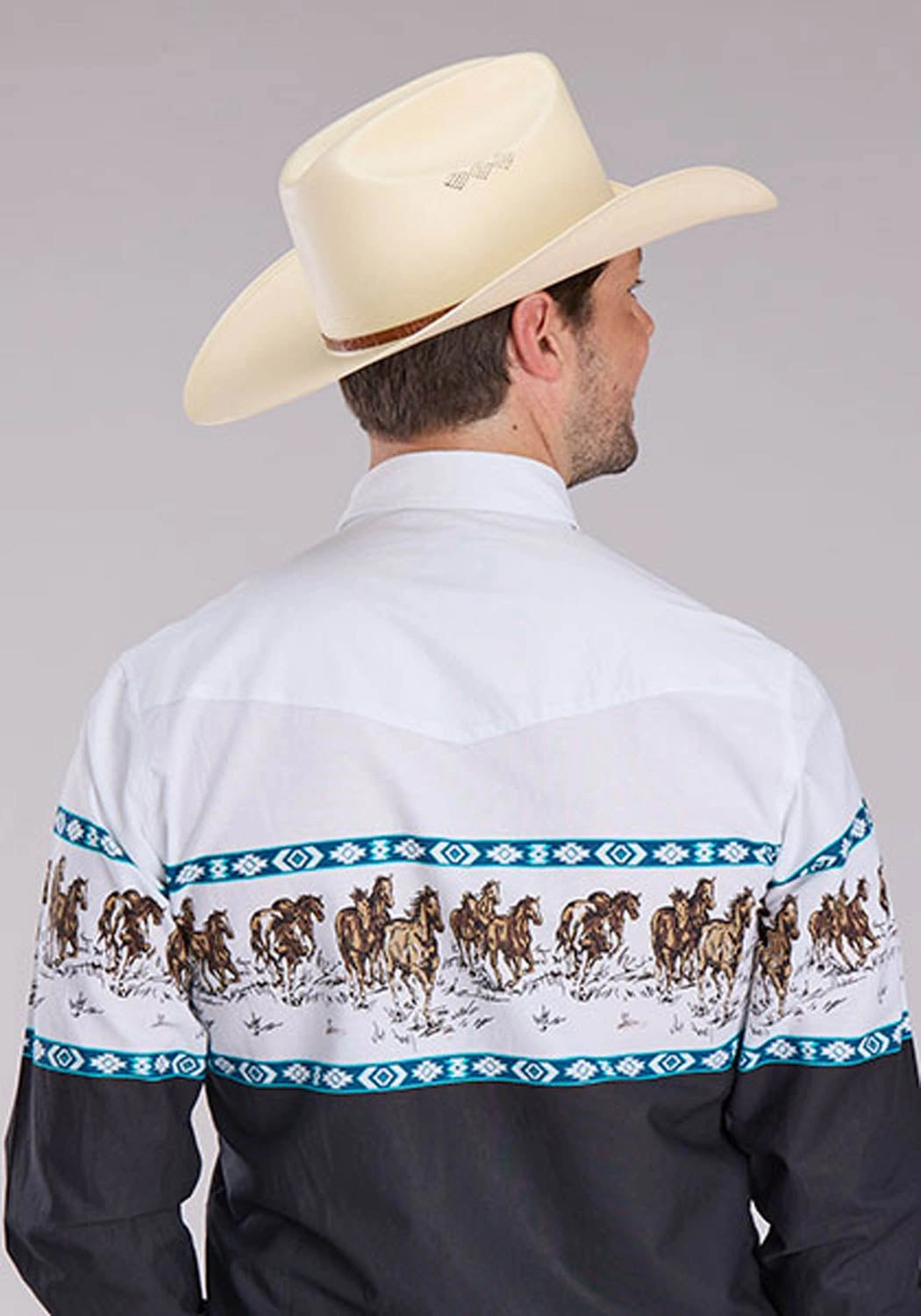 Anniversary Special Breathable Fit Roper Mens Running Horse Border Black 100% Cotton L/S Shirt