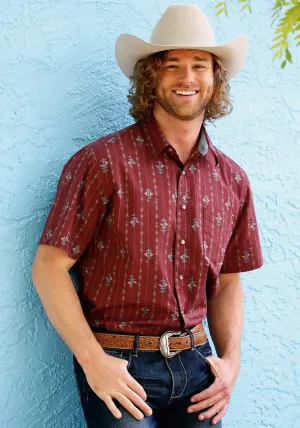 Tin Haul Mens Arrow Aztec Stripe Wine 100% Cotton S/S Shirt Chic Options Tin Haul Mens Arrow Aztec Stripe Wine 100% Cotton S/S Shirt Adjustable Cuff Closure Minimalist Design