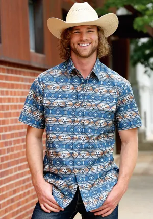 Tin Haul Mens Aztec Serape Blue 100% Cotton S/S Shirt Windproof Material Unisex Option Sustainable Dye Process Tin Haul Mens Aztec Serape Blue 100% Cotton S/S Shirt
