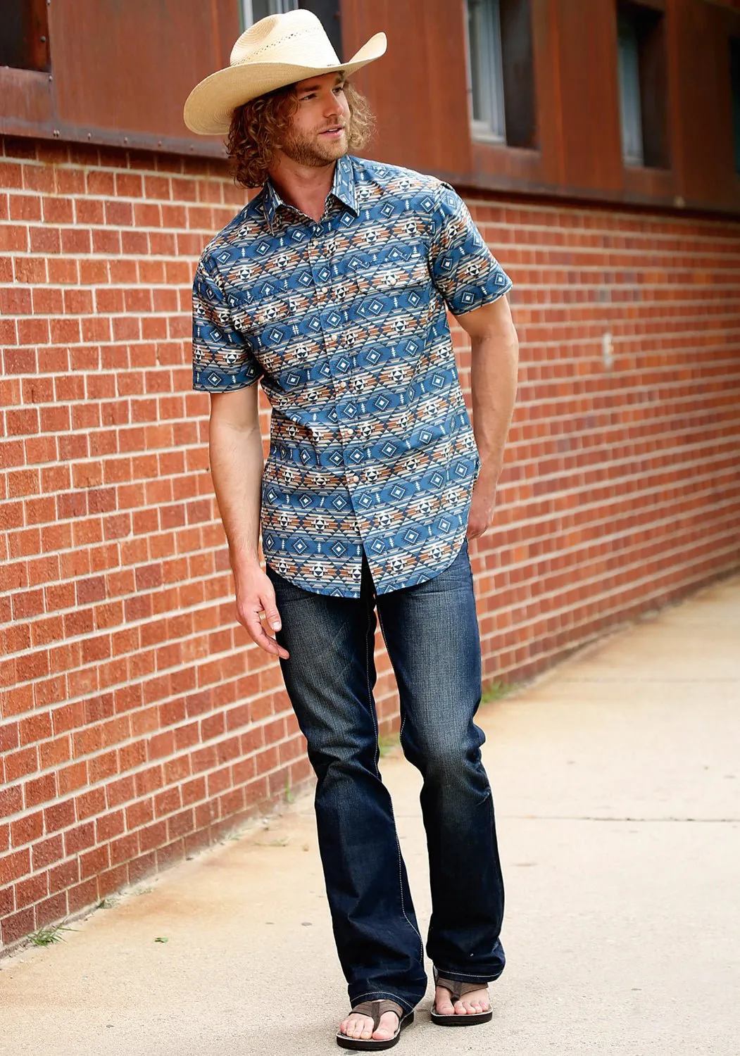Tin Haul Mens Aztec Serape Blue 100% Cotton S/S Shirt Chilly Day Wear Multipurpose Utility