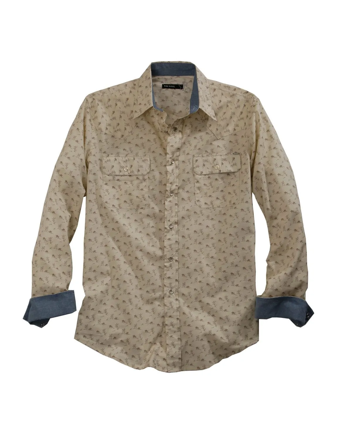 Tin Haul Mens Cream 100% Cotton Vintage Rider L/S Shirt Flexible Mobility Soft Collar Design