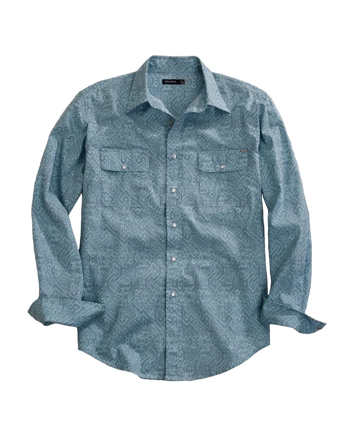 Tin Haul Mens Dot Matrix Aztec Blue 100% Cotton L/S Shirt City Exploration Button Down Design