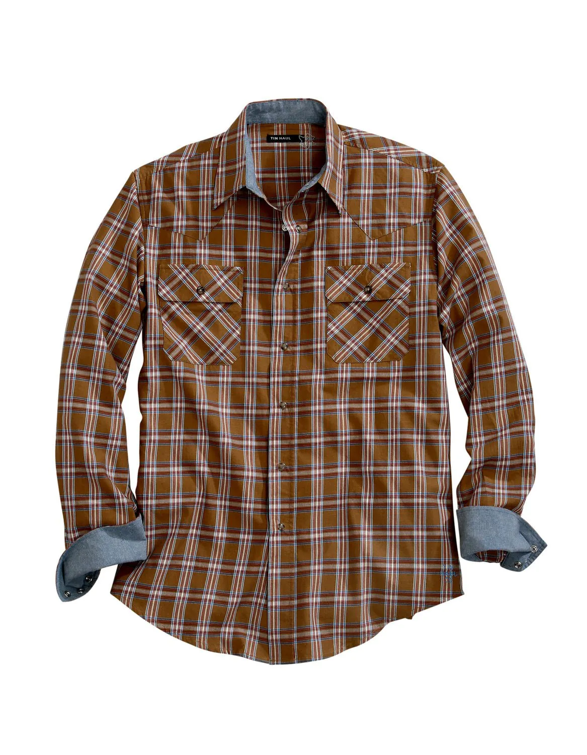 Tin Haul Mens Golden Brown 100% Cotton Plaid L/S Western Shirt Sporty Look