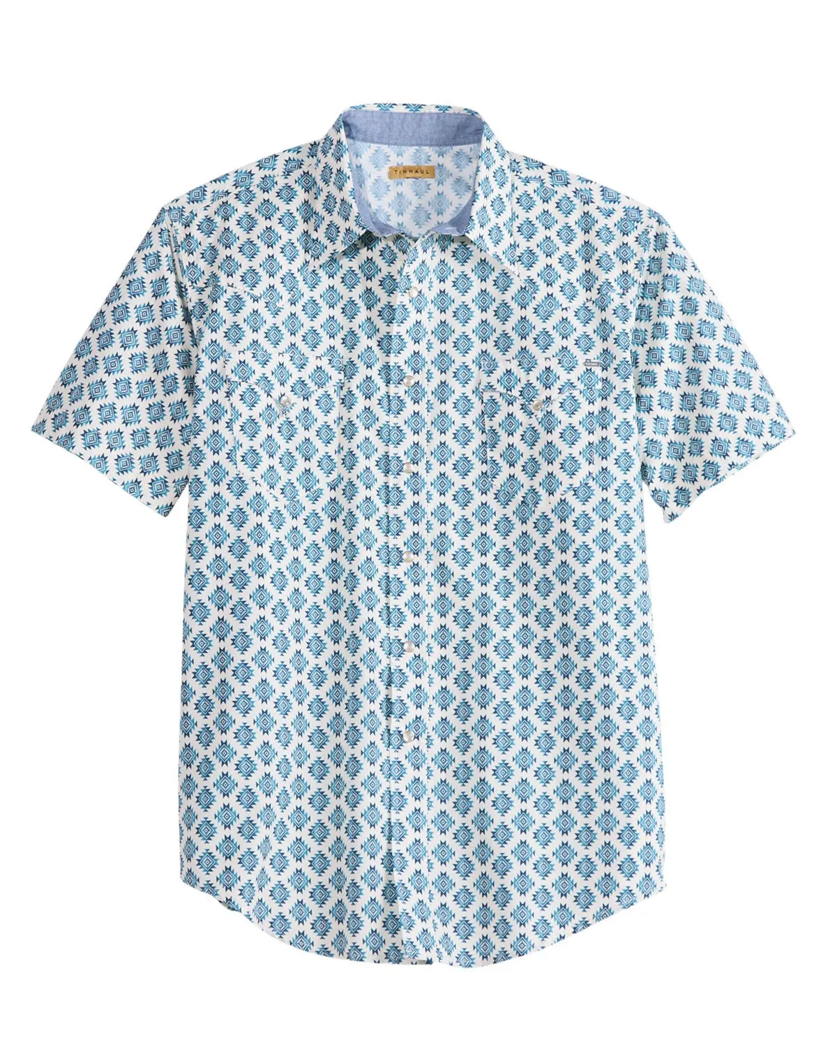 Seamless Side Panels Tin Haul Mens Ombre Aztec Tiles Blue/White 100% Cotton S/S Shirt