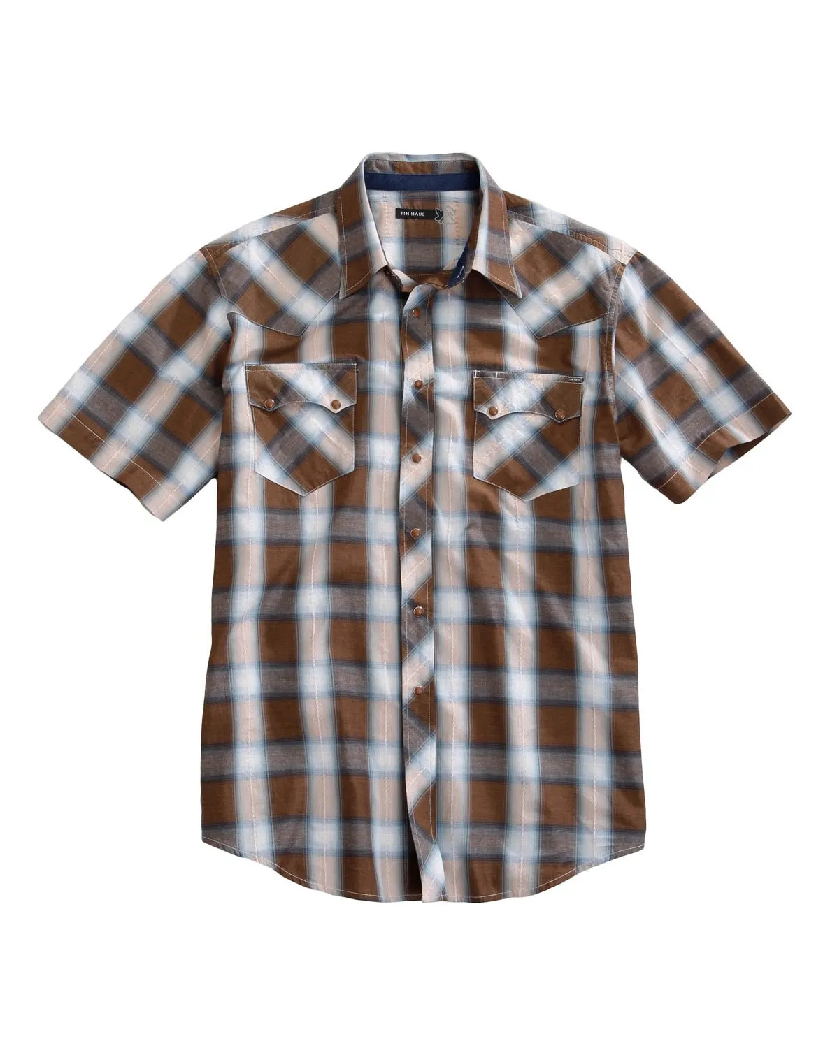 Chilly Day Wear Metallic Finish Tin Haul Mens Saddle Dobby Plaid Brown 100% Cotton S/S Shirt