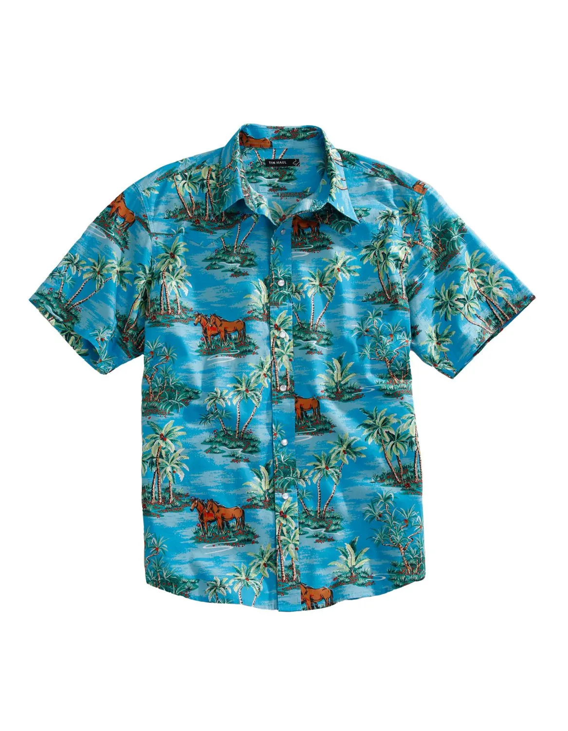 Tin Haul Mens Vintage Hawaiian Blue 100% Cotton S/S Shirt Bold Statement