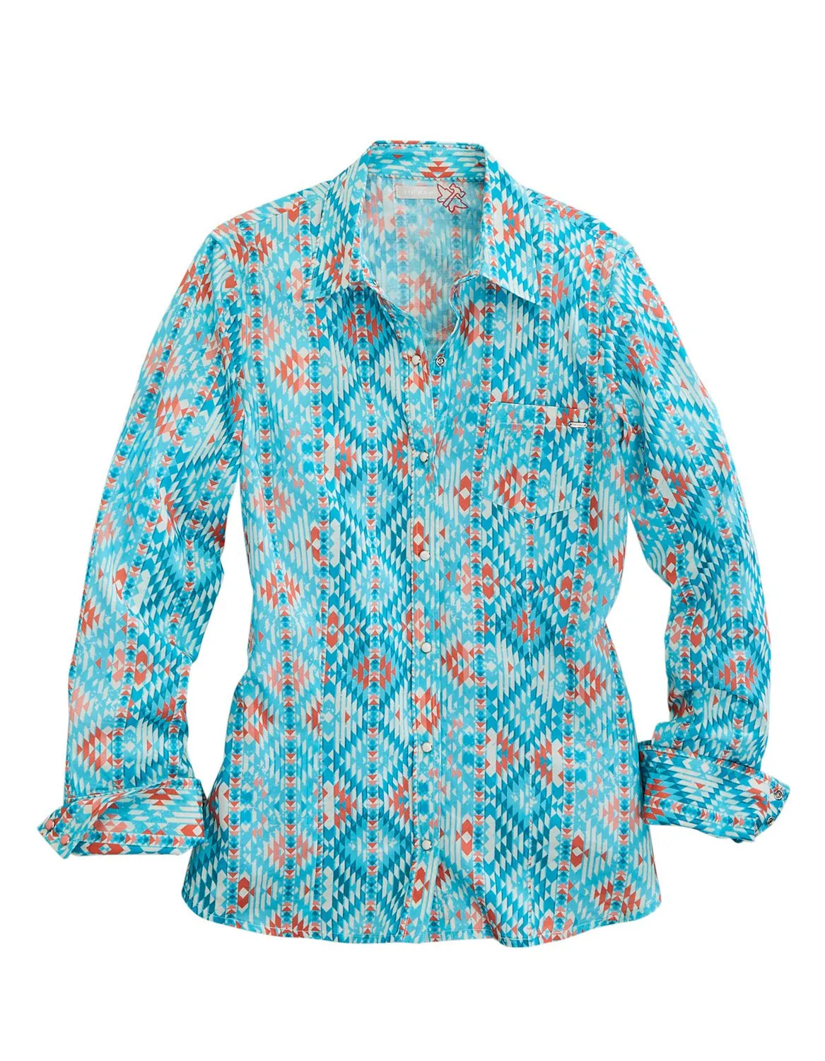 Tin Haul Womens Aztec Print Turquoise 100% Cotton L/S Shirt Vintage Wash