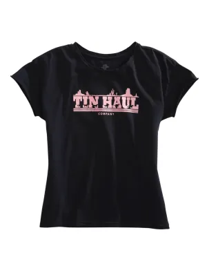 Tin Haul Womens Black 100% Cotton Pink Running Horses S/S T-Shirt Drip Dry Technology Pocket Detailing Abrasion Resistant Edges Tin Haul Womens Black 100% Cotton Pink Running Horses S/S T-Shirt