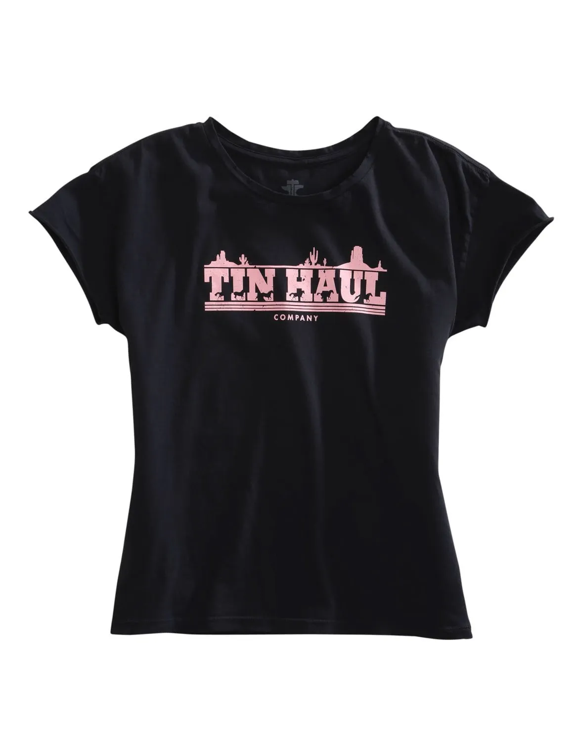 Pocket Detailing Abrasion Resistant Edges Tin Haul Womens Black 100% Cotton Pink Running Horses S/S T-Shirt