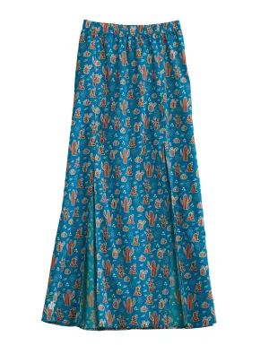 Tin Haul Womens Blue 100% Cotton Cacti Print Maxi Skirt Cool Fit All Season Tin Haul Womens Blue 100% Cotton Cacti Print Maxi Skirt