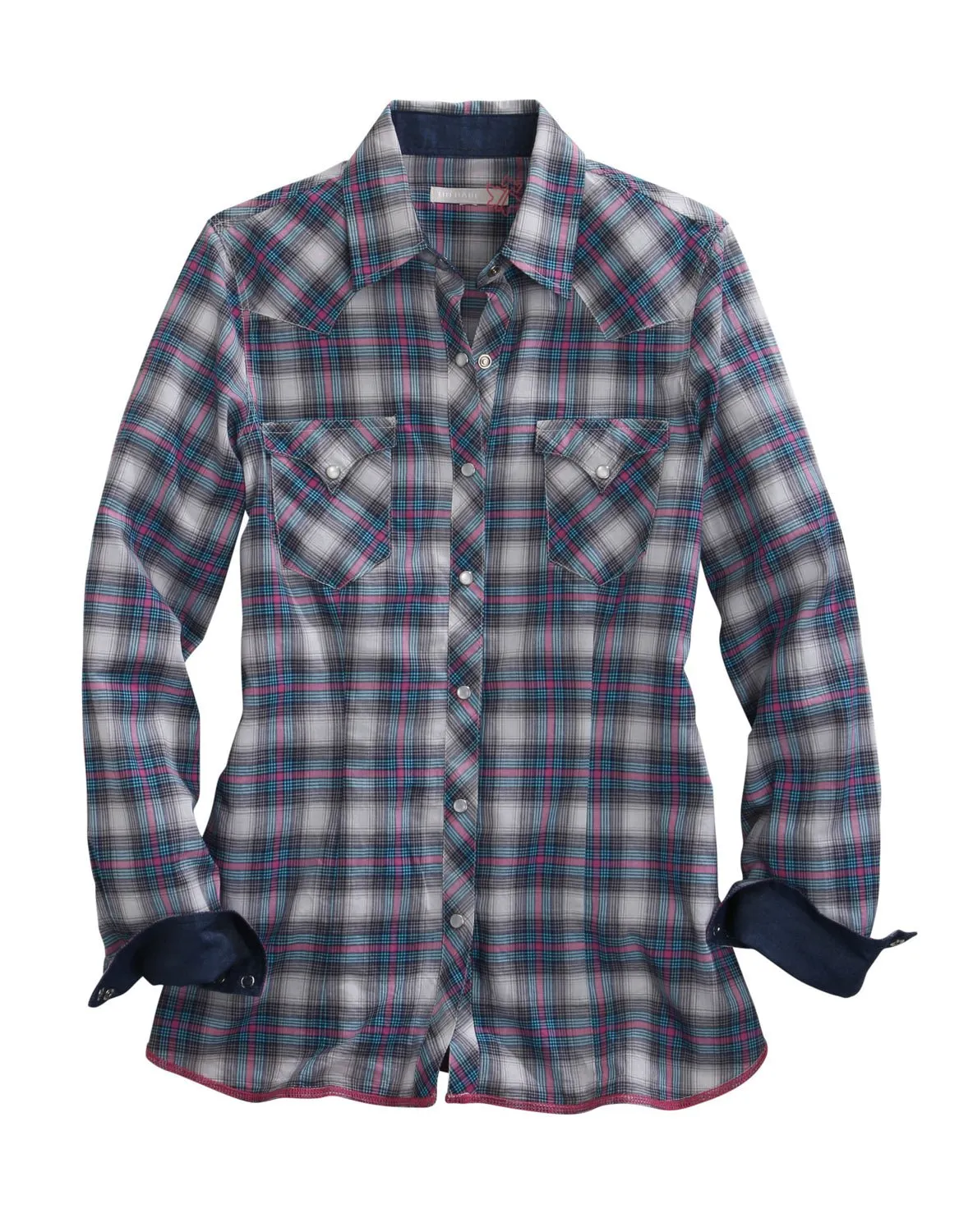 Tin Haul Womens Blue 100% Cotton Star Ombre Plaid L/S Shirt Premium Look