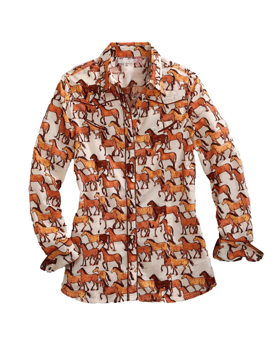 Versatile Weekend Style Tin Haul Womens Brown 100% Cotton Courses of Horses L/S Shirt