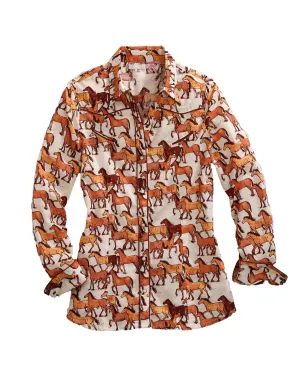 Tin Haul Womens Brown 100% Cotton Courses of Horses L/S Shirt Polished Edge Versatile Weekend Style Tin Haul Womens Brown 100% Cotton Courses of Horses L/S Shirt