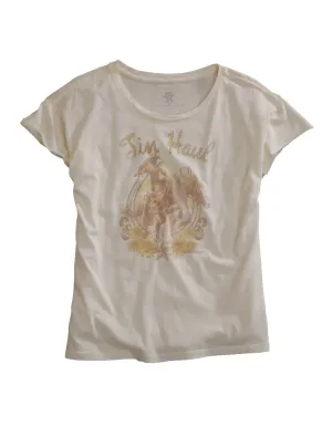 Tin Haul Womens Buckin Cowgirl White 100% Cotton S/S T-Shirt Wrinkle Resistant Technology Limited Edition Simple Fit Tin Haul Womens Buckin Cowgirl White 100% Cotton S/S T-Shirt