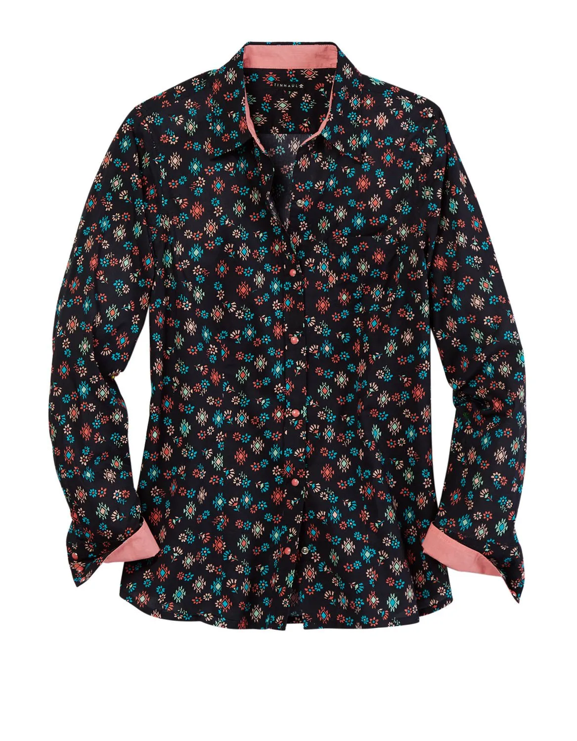 Tin Haul Womens Floral Aztec Print Black 100% Cotton L/S Shirt Non Restrictive Armhole