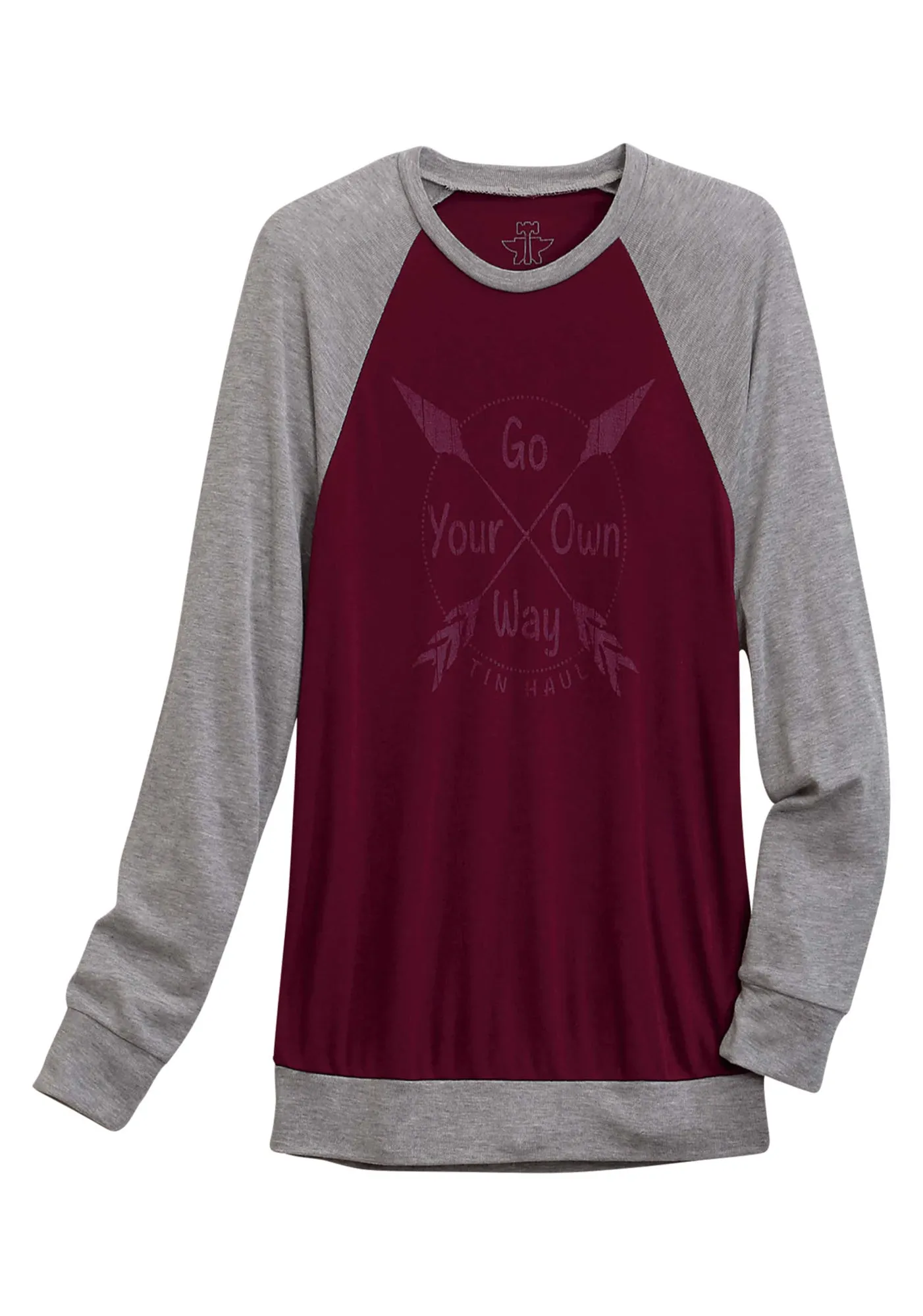 Tin Haul Womens Go Your Own Way Wine/Grey Poly/Cotton L/S T-Shirt Resilient material Couple Look Office Wear