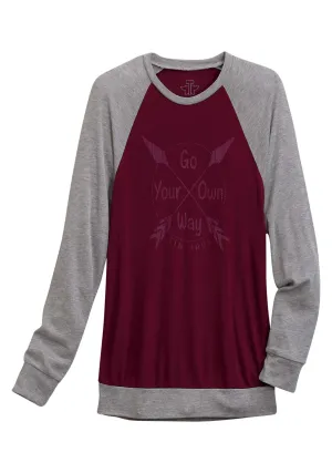 Tin Haul Womens Go Your Own Way Wine/Grey Poly/Cotton L/S T-Shirt Minimal Silhouette Wardrobe Choice Tin Haul Womens Go Your Own Way Wine/Grey Poly/Cotton L/S T-Shirt