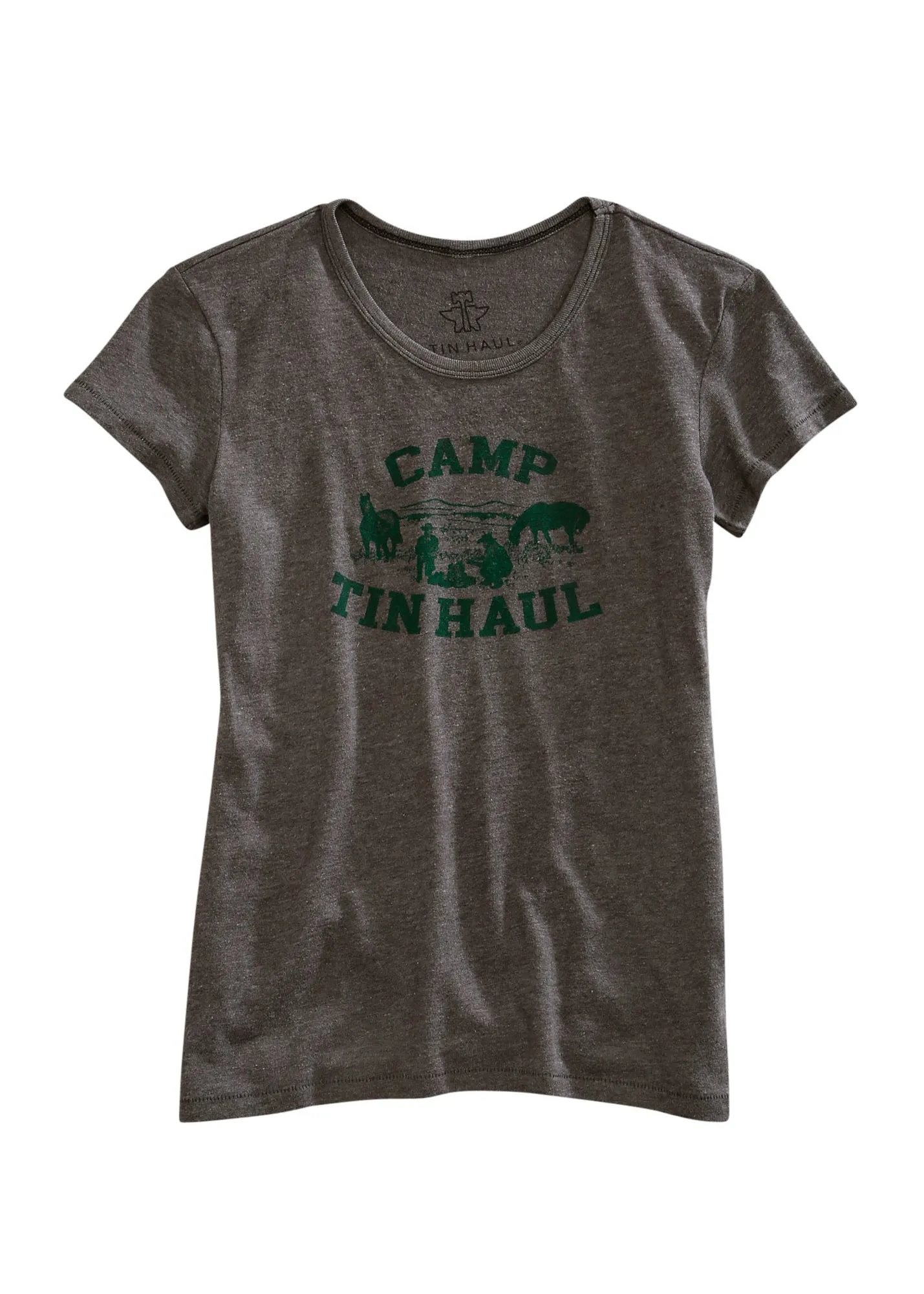 Tin Haul Womens Grey Cotton Blend Green Camp S/S T-Shirt Sporty Design
