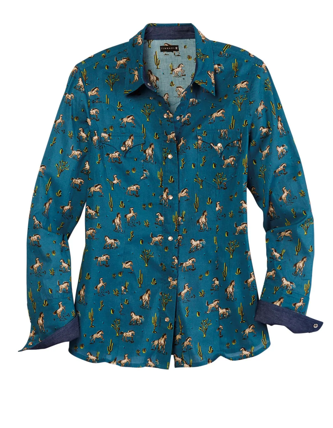 Tin Haul Womens Kickin Up Dust Blue 100% Cotton L/S Shirt Patterned Texture