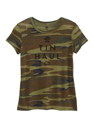 Tin Haul Womens Logo Screen Print Camo Cotton Blend S/S T-Shirt Long Staple Cotton Matte Look Temperature Regulating Tin Haul Womens Logo Screen Print Camo Cotton Blend S/S T-Shirt