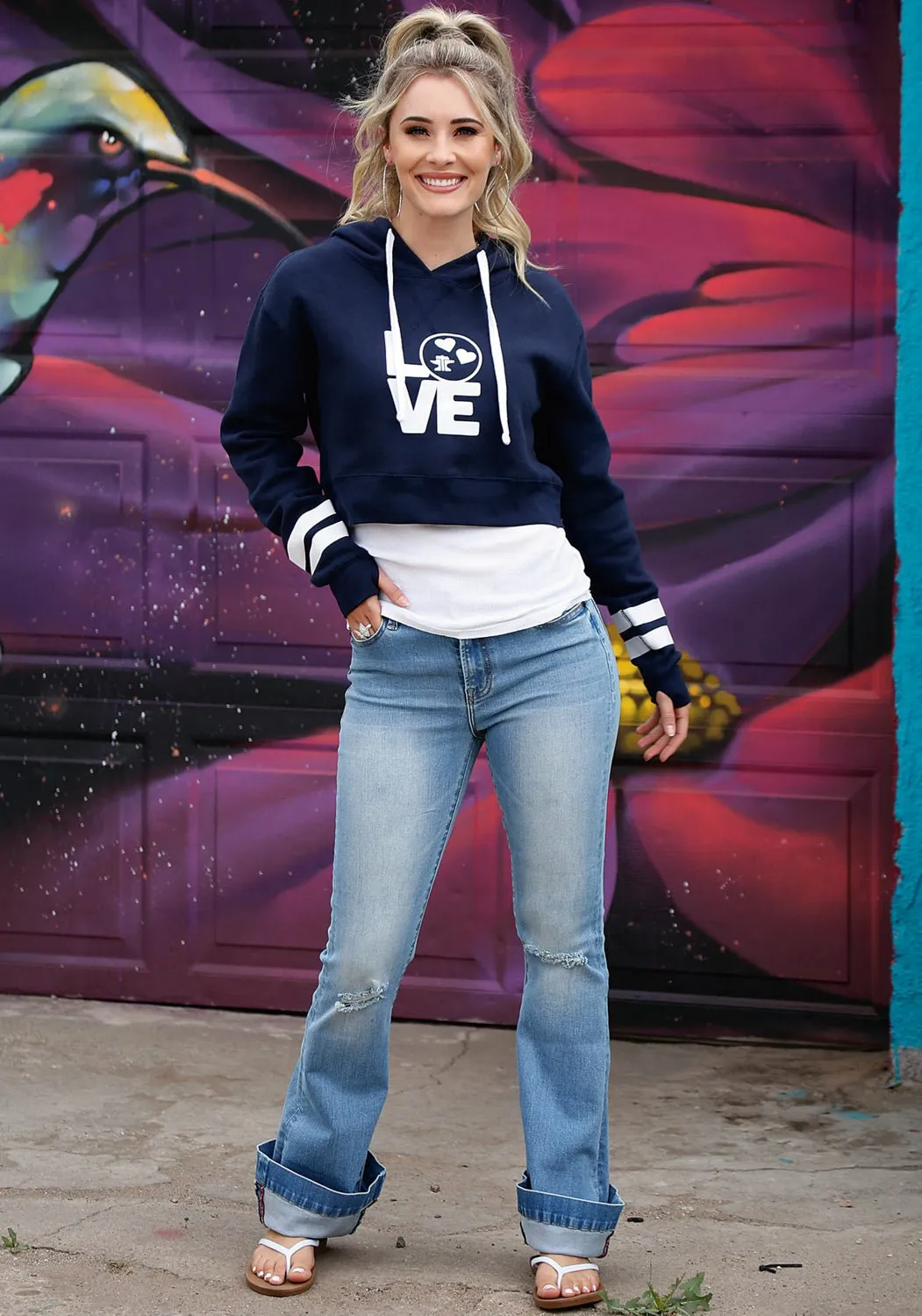 Tin Haul Womens Love Crop Navy Cotton Blend Fleece Hoodie Colorfast Denim Urban Explorer Picnic Style