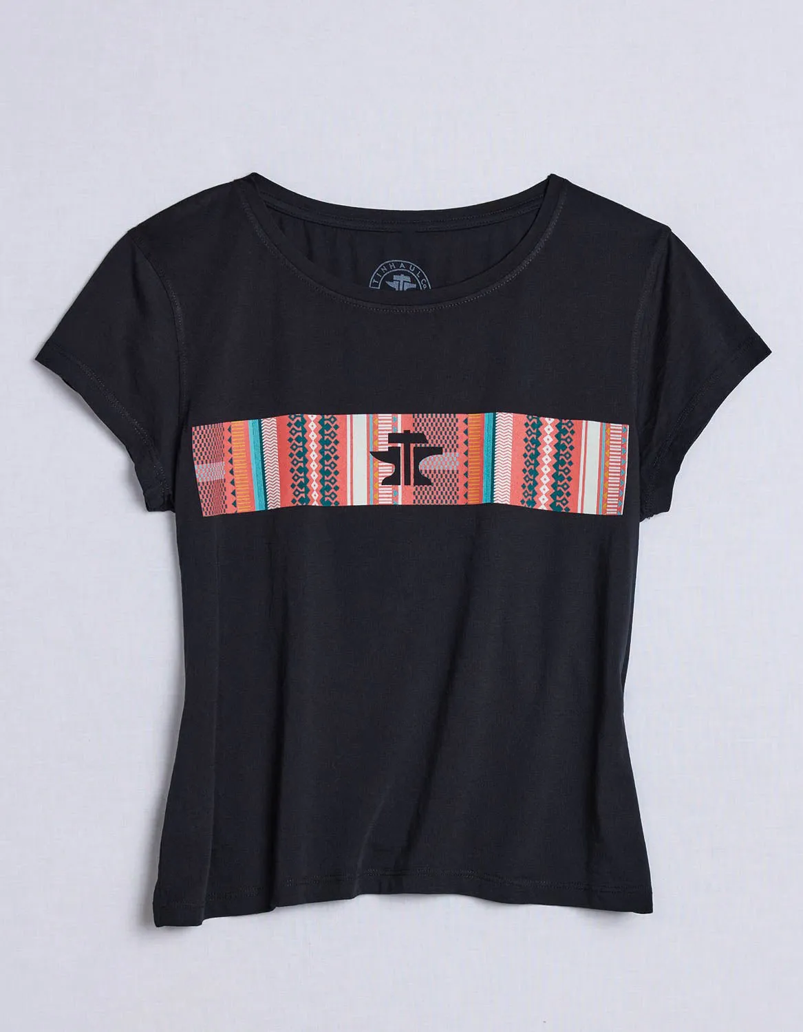 Vibrant Hue Durable Thread Construction Tin Haul Womens Serape Across Chest Black Cotton Blend S/S T-Shirt