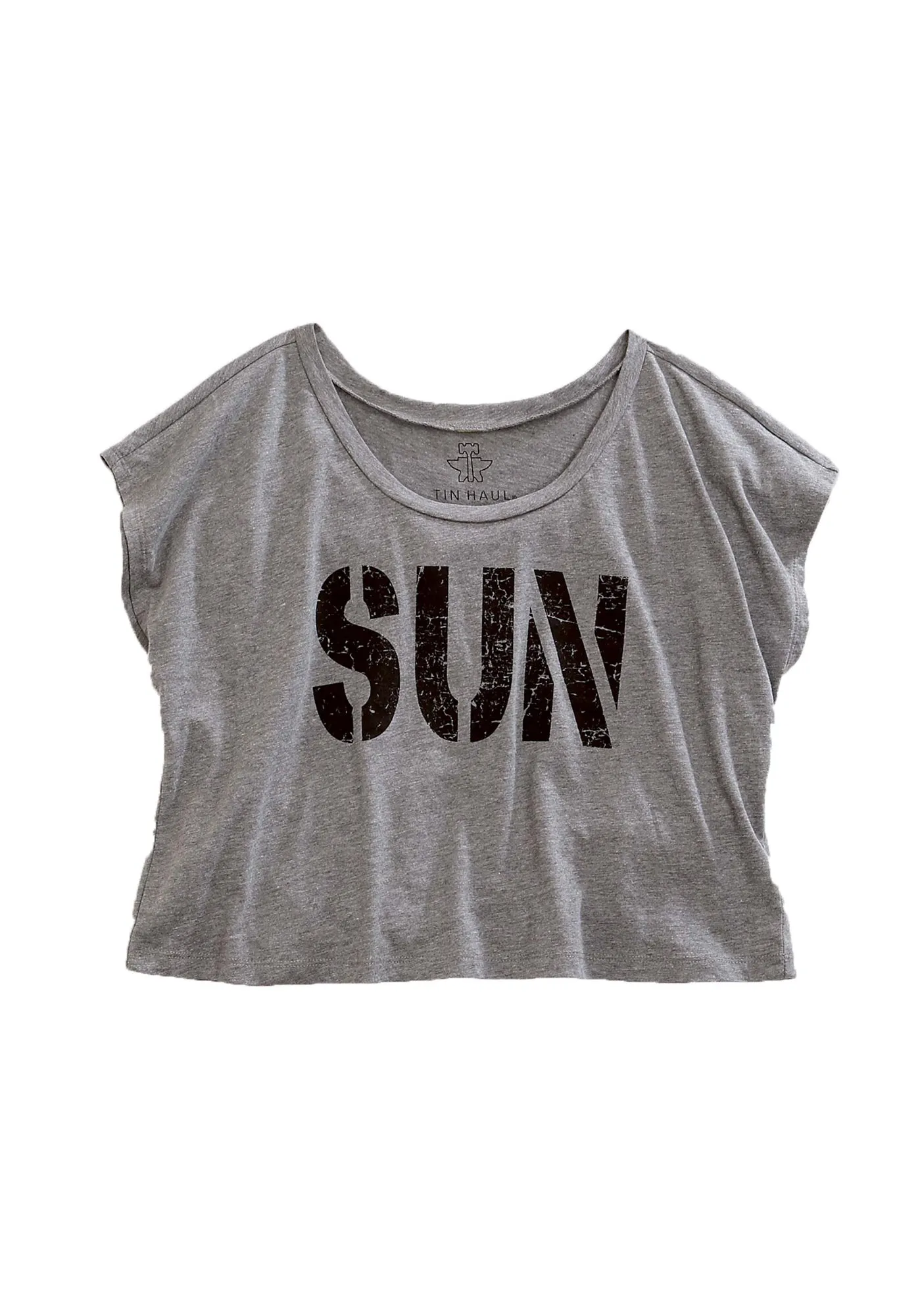 Stylish Comfort Polished Finish Tin Haul Womens SUN Crop Top Grey Cotton Blend S/S T-Shirt