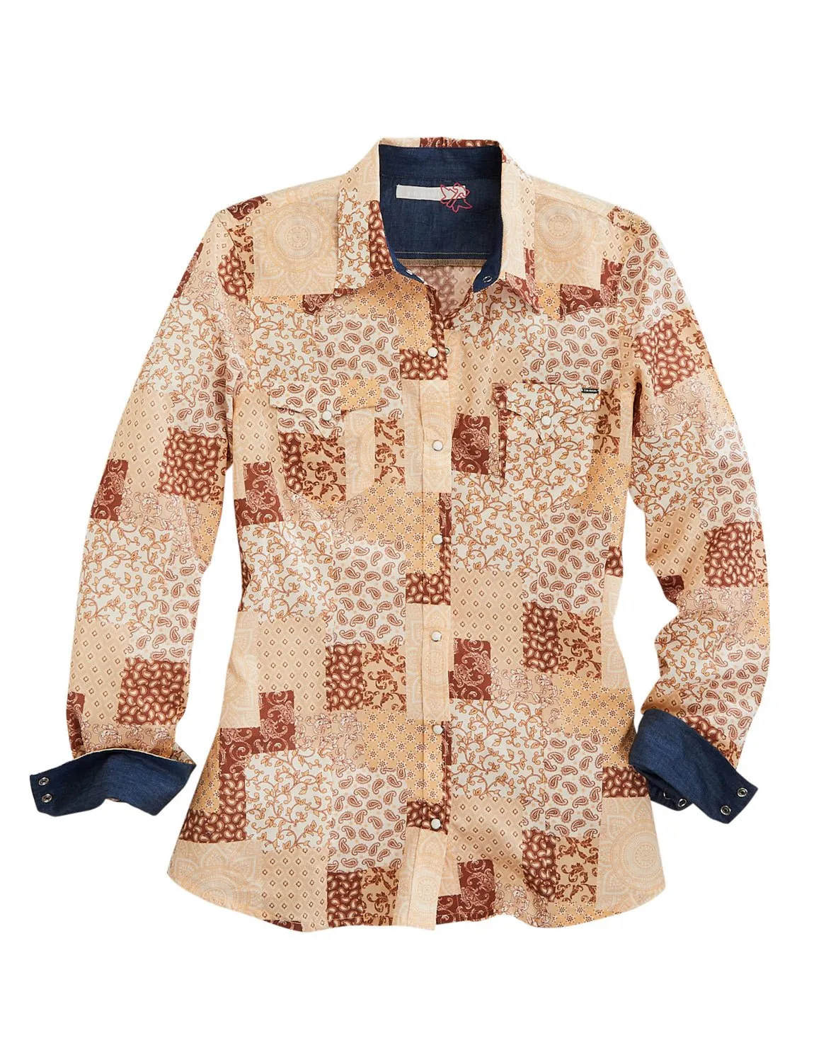 Tin Haul Womens Sunrise Patchwork Brown 100% Cotton L/S Shirt Contemporary Style High-End Look