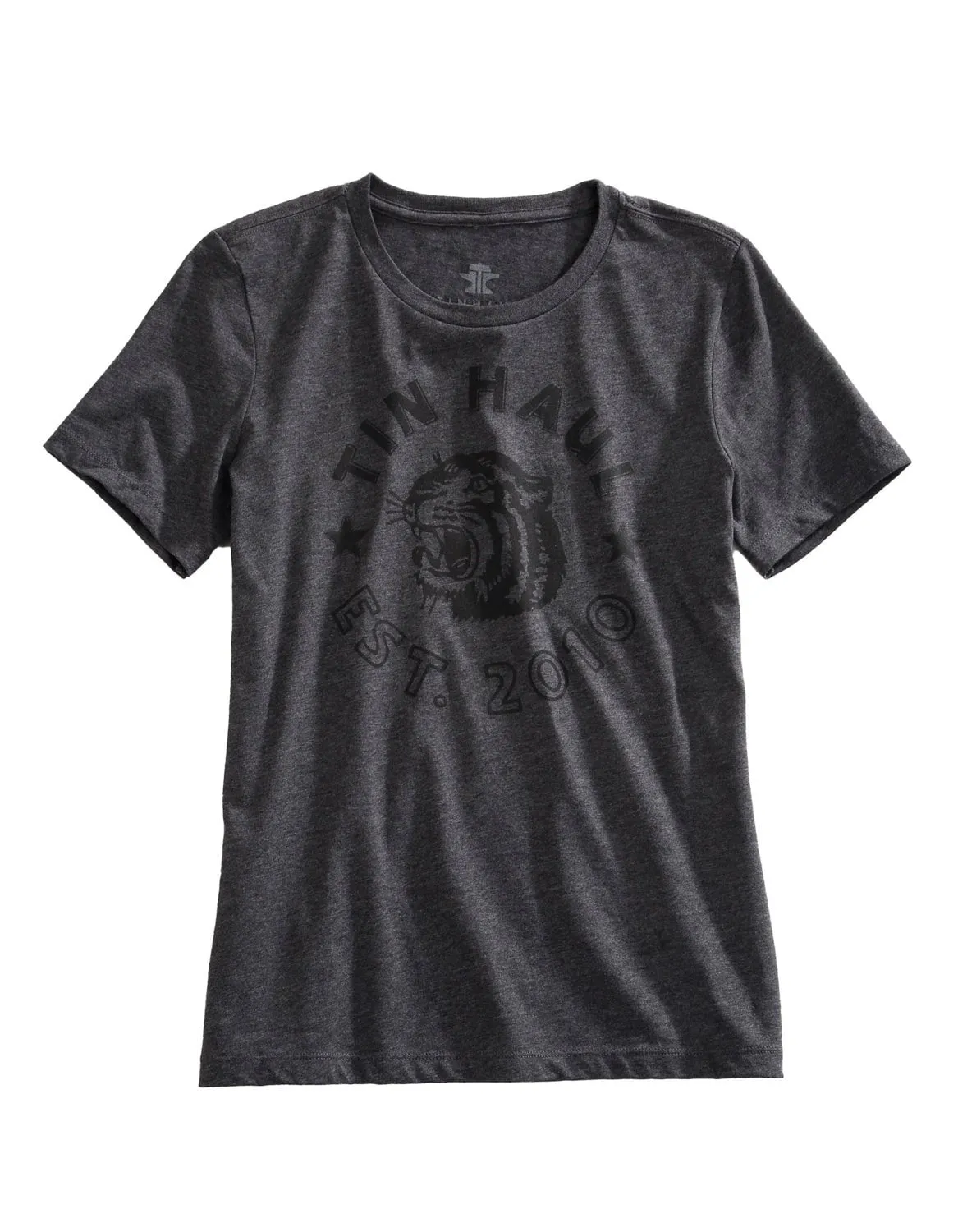 Tin Haul Womens Tiger Head Grey Cotton Blend S/S T-Shirt Breathable mesh Organic Cotton