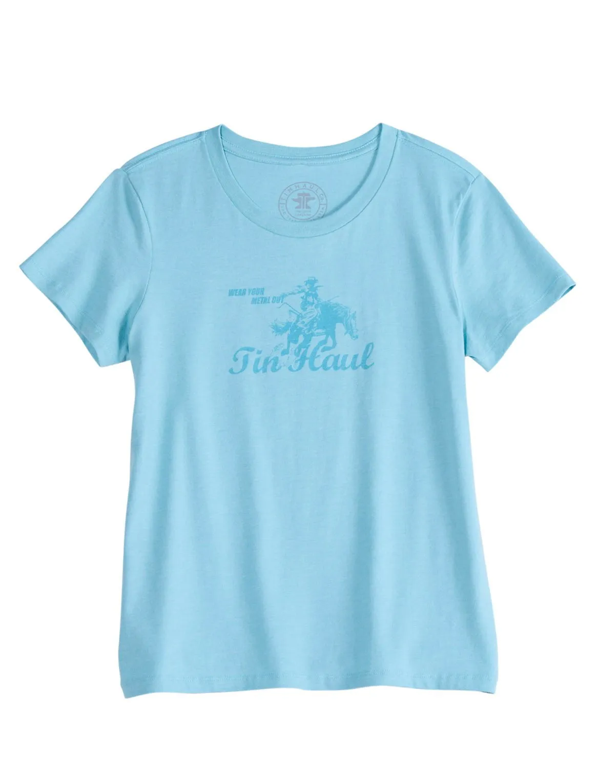 Tin Haul Womens Wear Your Metal Out Bronc Aqua Poly/Cotton S/S T-Shirt Holiday Outfit Classic Style