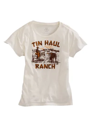 Tin Haul Womens White 100% Cotton Ranch Scene S/S T-Shirt Frayed Detail Casual Hangout Tin Haul Womens White 100% Cotton Ranch Scene S/S T-Shirt
