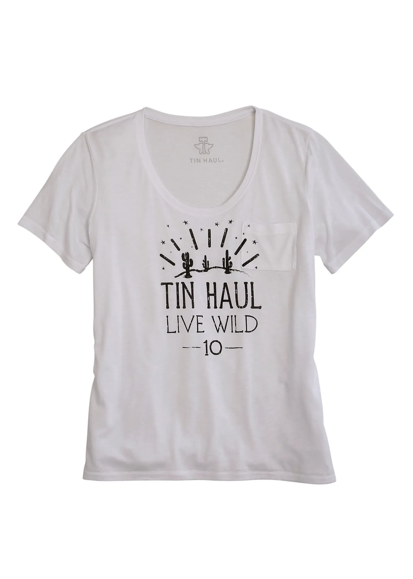 checkered pattern Tin Haul Womens White Polyester Live Wild 10 S/S Cactus T-Shirt