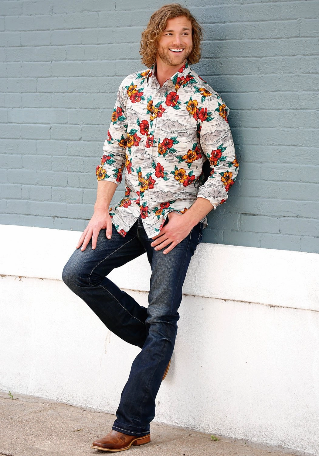 Affordable Luxury Tin Haul Mens Landscape Tropical Grey 100% Cotton L/S Shirt