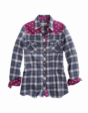 Tin Haul Womens Blue/Purple 100% Cotton Star Ombre Plaid L/S Shirt Comfy Fit Neat And Easy Casual Spring Mood Classic Wear Tin Haul Womens Blue/Purple 100% Cotton Star Ombre Plaid L/S Shirt