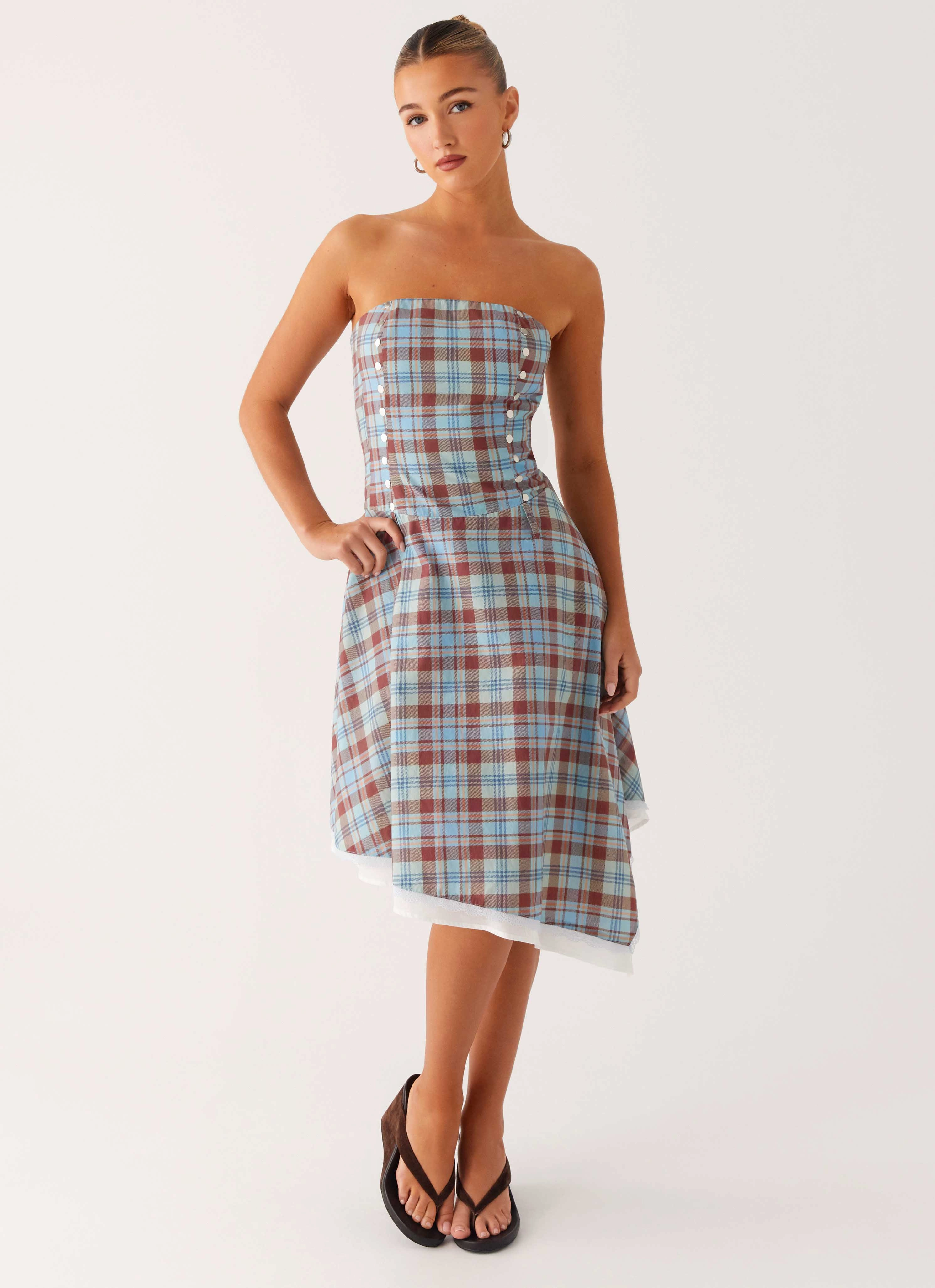Asymmetrical hem Tonie Strapless Midi Dress - Shoreline Check