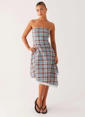 Tonie Strapless Midi Dress - Shoreline Check Chain accent Asymmetrical hem Tonie Strapless Midi Dress - Shoreline Check