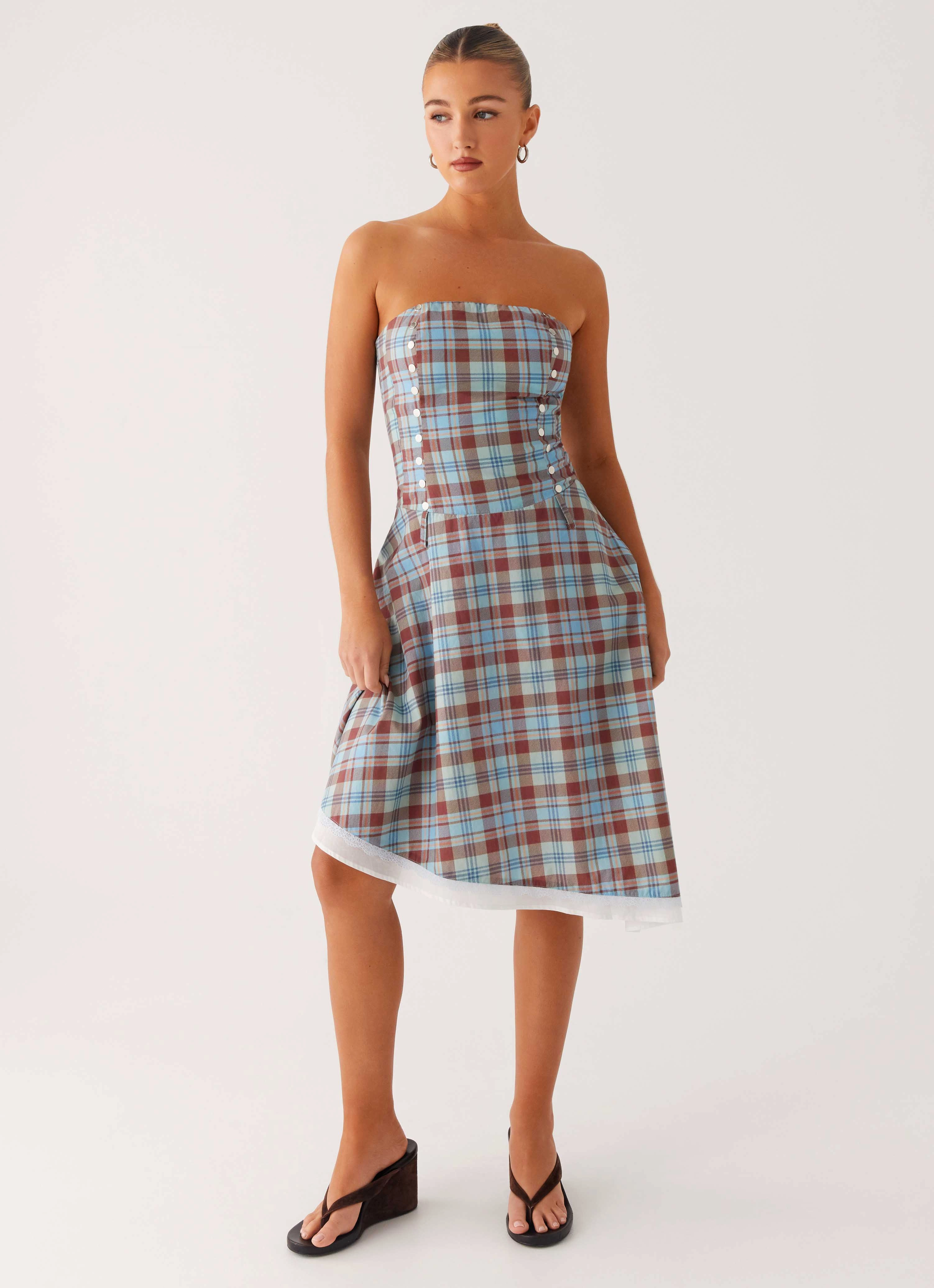 Tonie Strapless Midi Dress - Shoreline Check Vibrant Layer Form Fitting