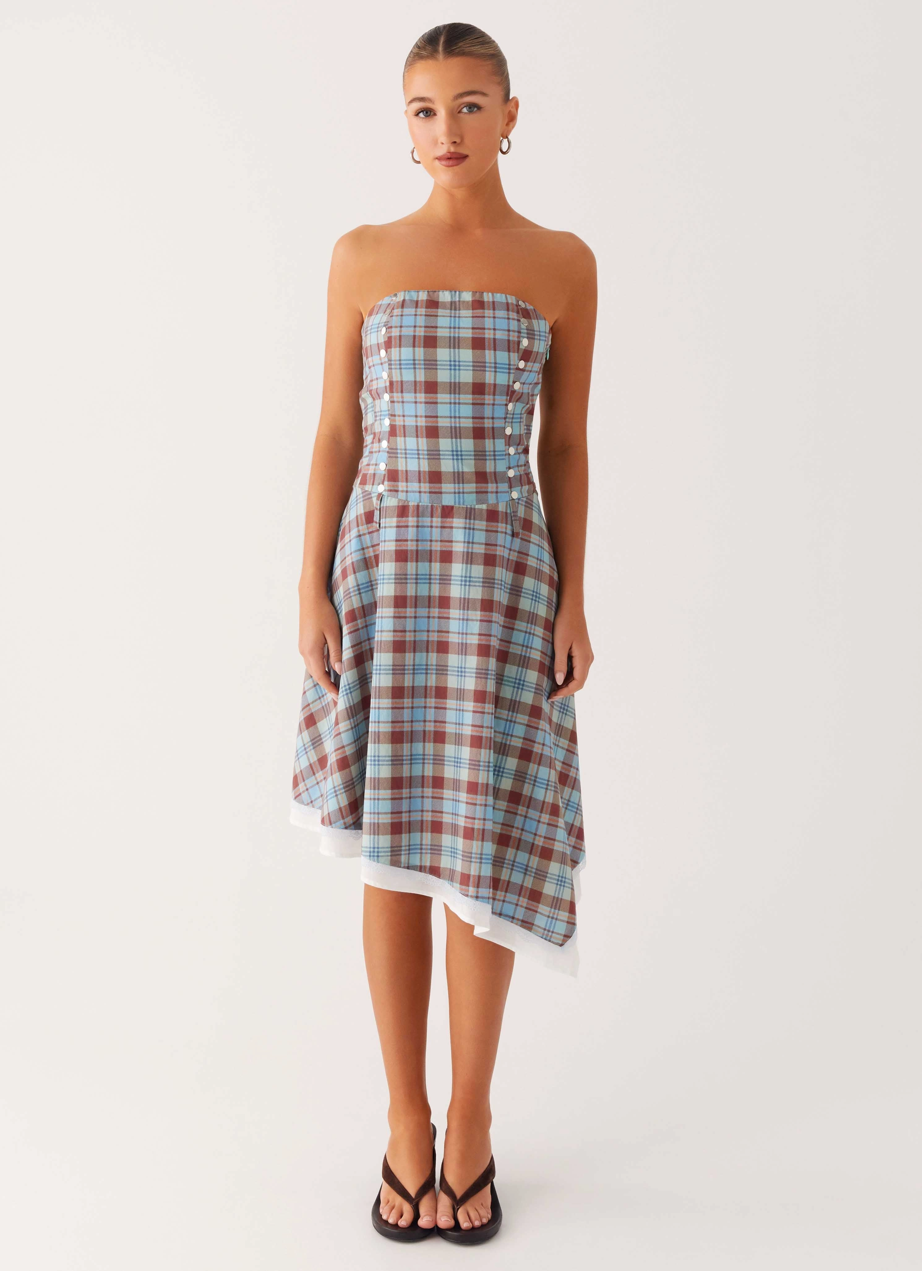 Tonie Strapless Midi Dress - Shoreline Check Vacation Vibe