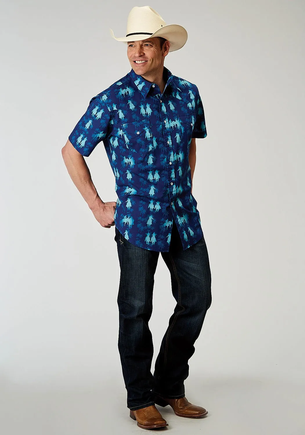 Minimalist Closure Smooth zipper closure Roper Mens 1907 Hawaiian Ombre Blue 100% Cotton S/S Shirt