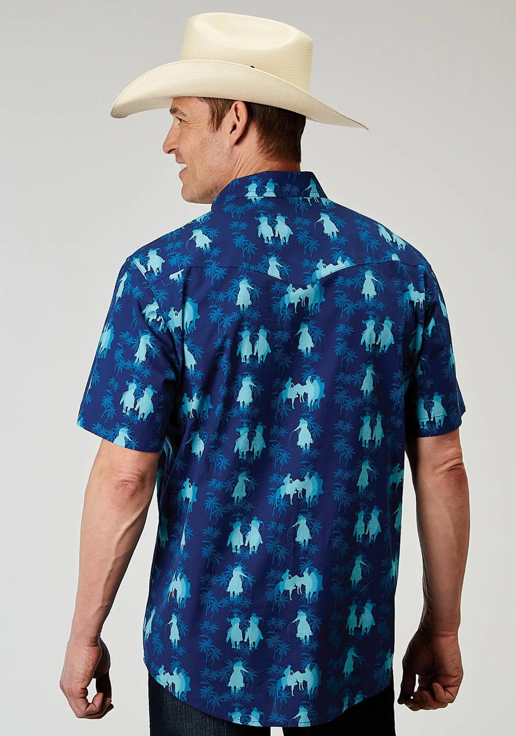 Roper Mens 1907 Hawaiian Ombre Blue 100% Cotton S/S Shirt Artistic Design Neutral Toned Stitching