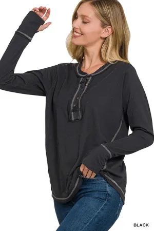 Tori Thumb Hole Cuffs Button Closure Long Sleeve Top Modern designs WrinkleFreeFabric Tori Thumb Hole Cuffs Button Closure Long Sleeve Top