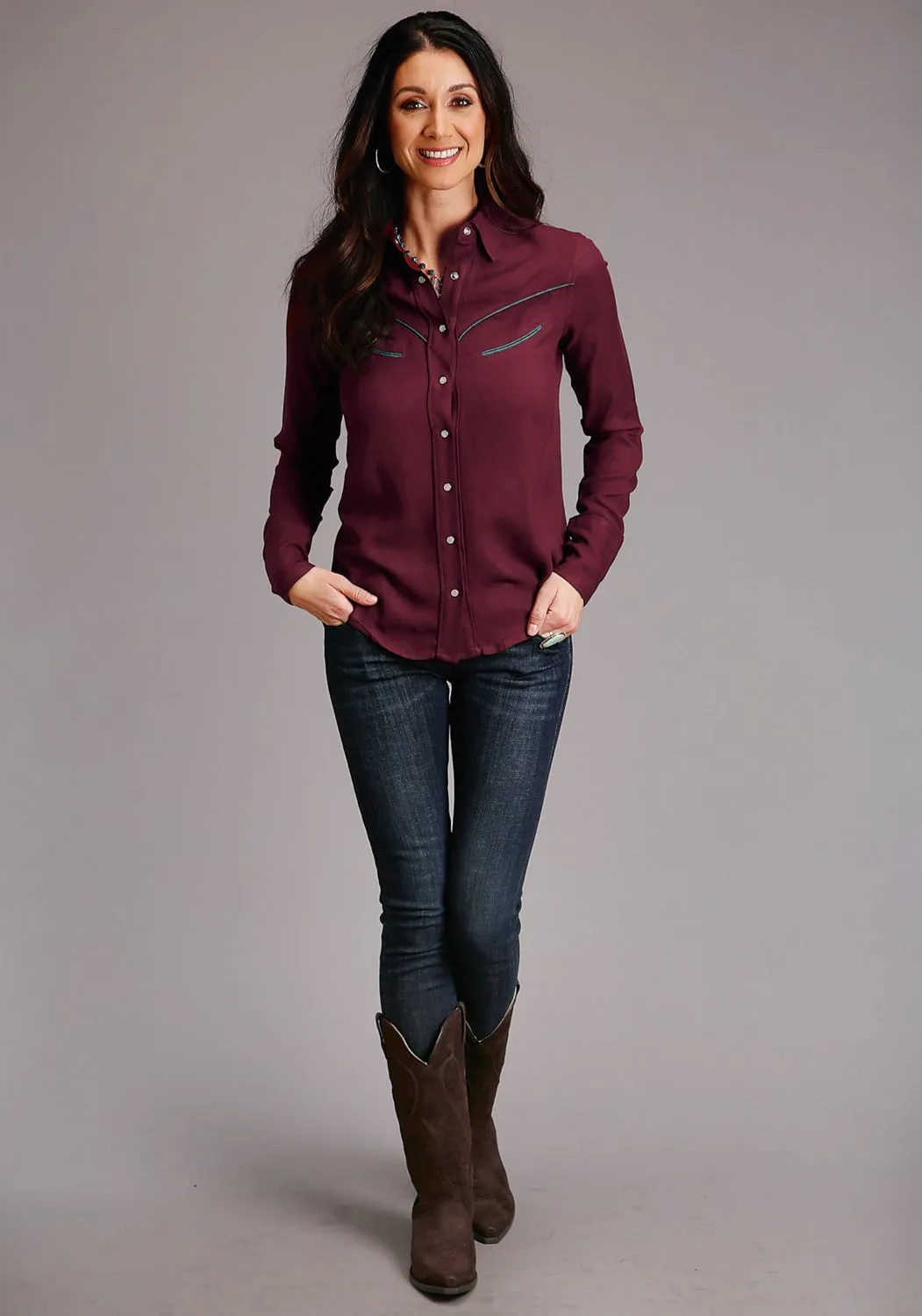 Stetson Womens Deep Wine Rayon/Nylon Western Top L/S Blouse Light Layers Morning Stroll Fashion Lover
