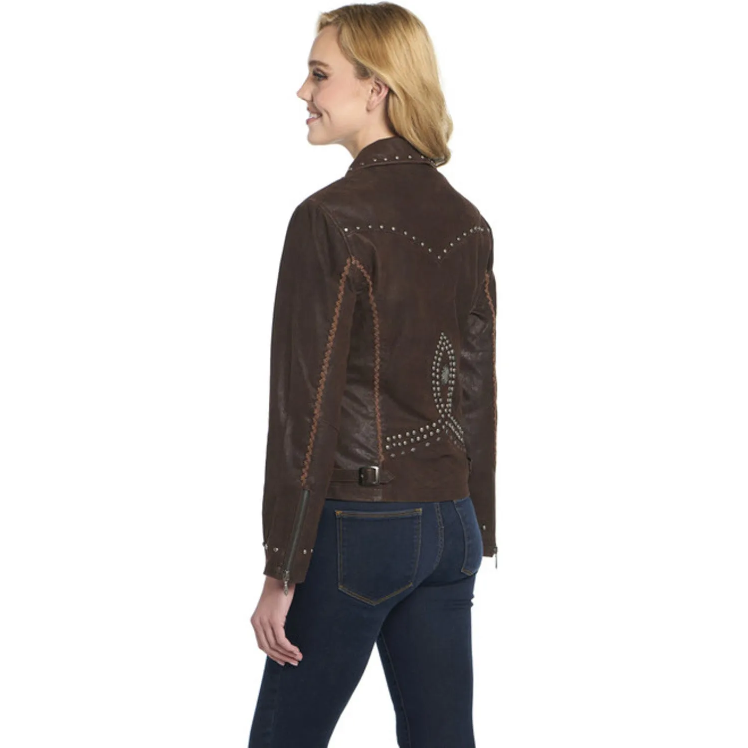 Textured Family Style Autumn Days Casual Style Cripple Creek Womens Asymmetric Stud Panel Mocaccino Leather Leather Jacket
