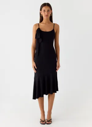 Tranquility Asymmetric Midi Dress - Black Classic Garment Tranquility Asymmetric Midi Dress - Black Delicate Edge Polite Vibe