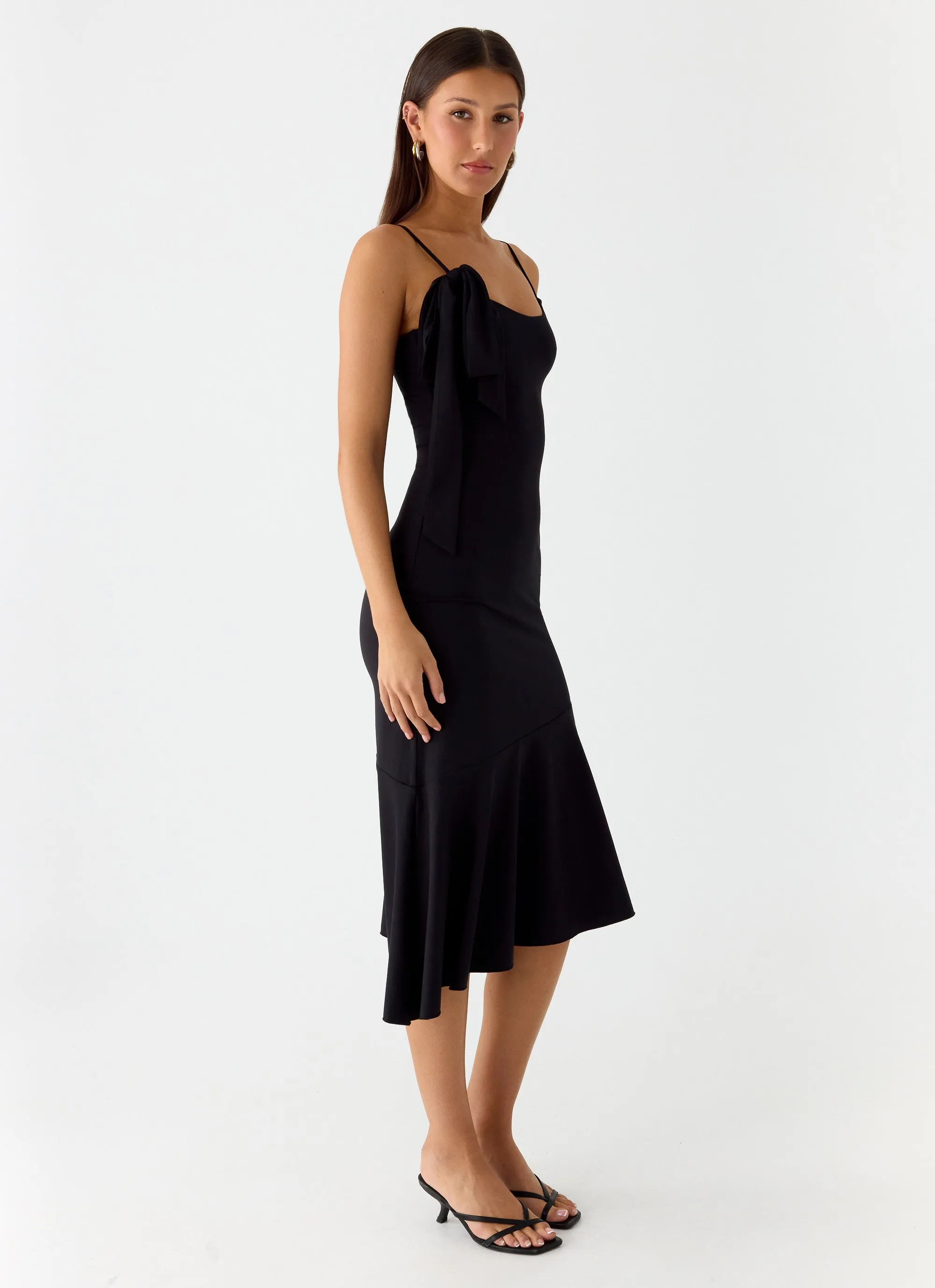 Tranquility Asymmetric Midi Dress - Black Shine Skin