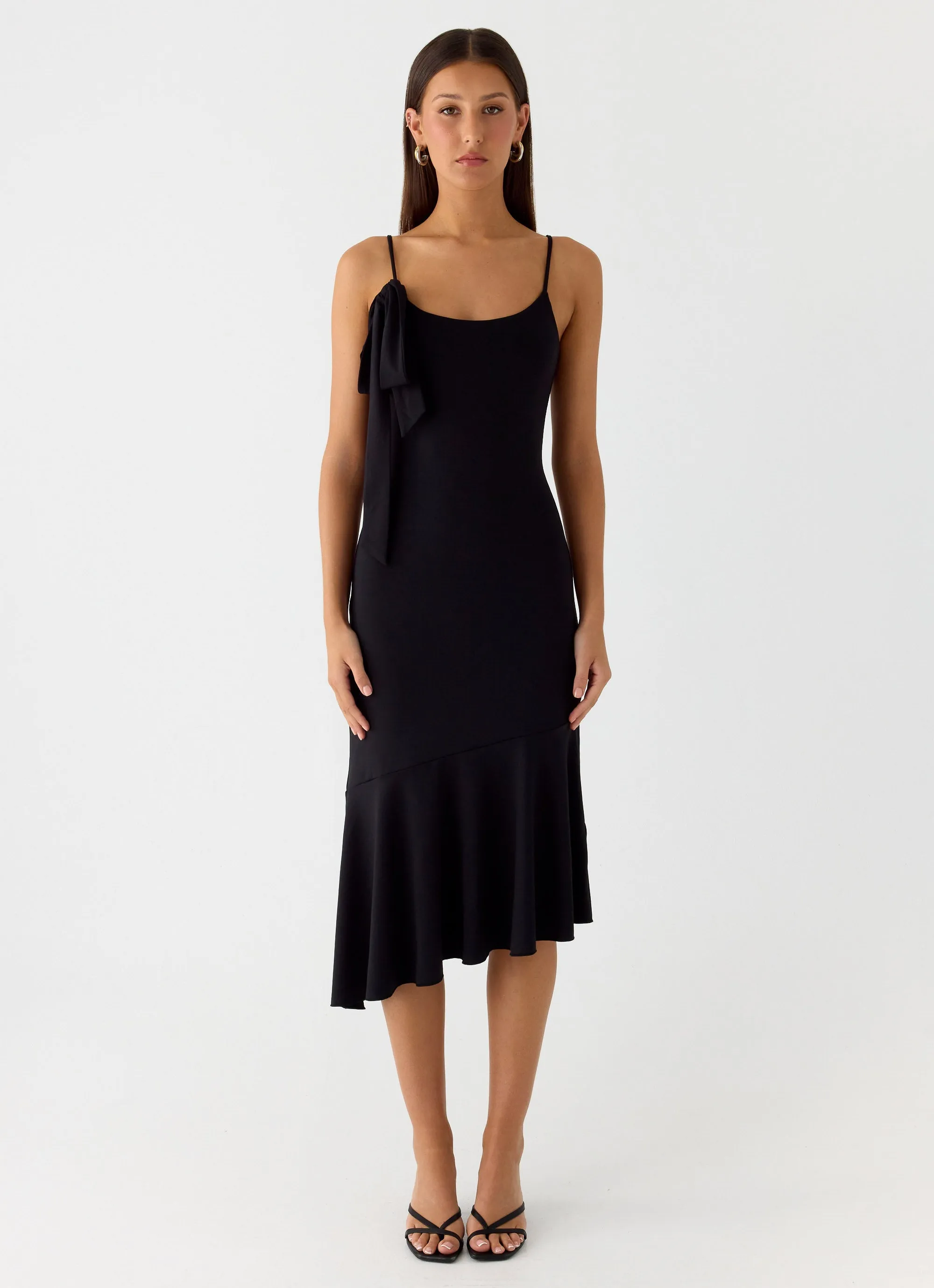 Tranquility Asymmetric Midi Dress - Black Delicate Edge Polite Vibe