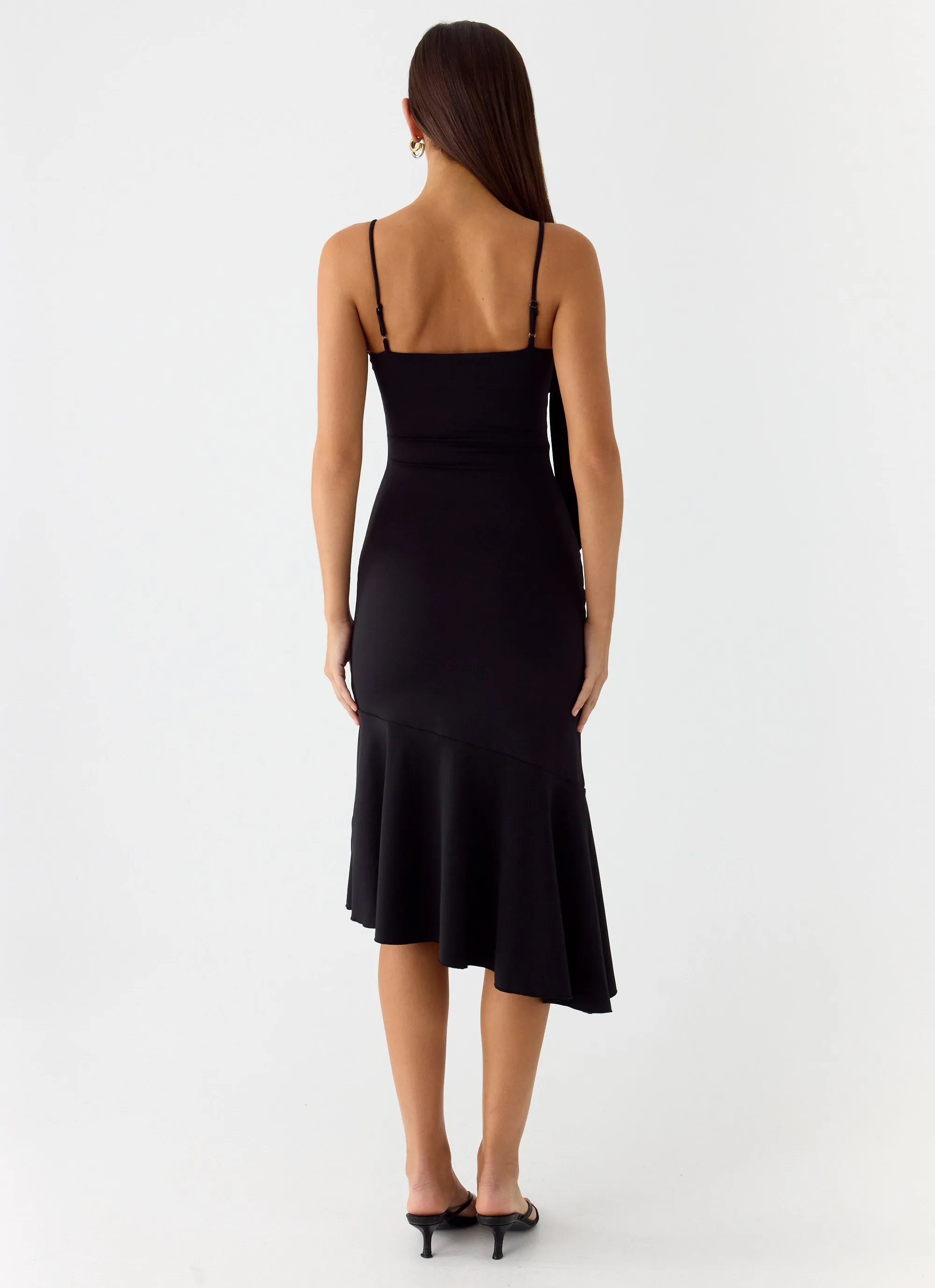 Tranquility Asymmetric Midi Dress - Black Underwire-Support Shine Dressy