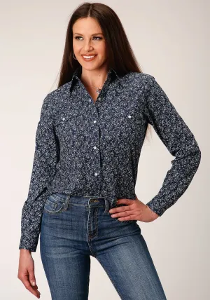 Travel Essential Roper Womens 1498 Floral Navy/White Cotton Blend L/S Shirt Casual Elegance Elegant Finish Roper Womens 1498 Floral Navy/White Cotton Blend L/S Shirt